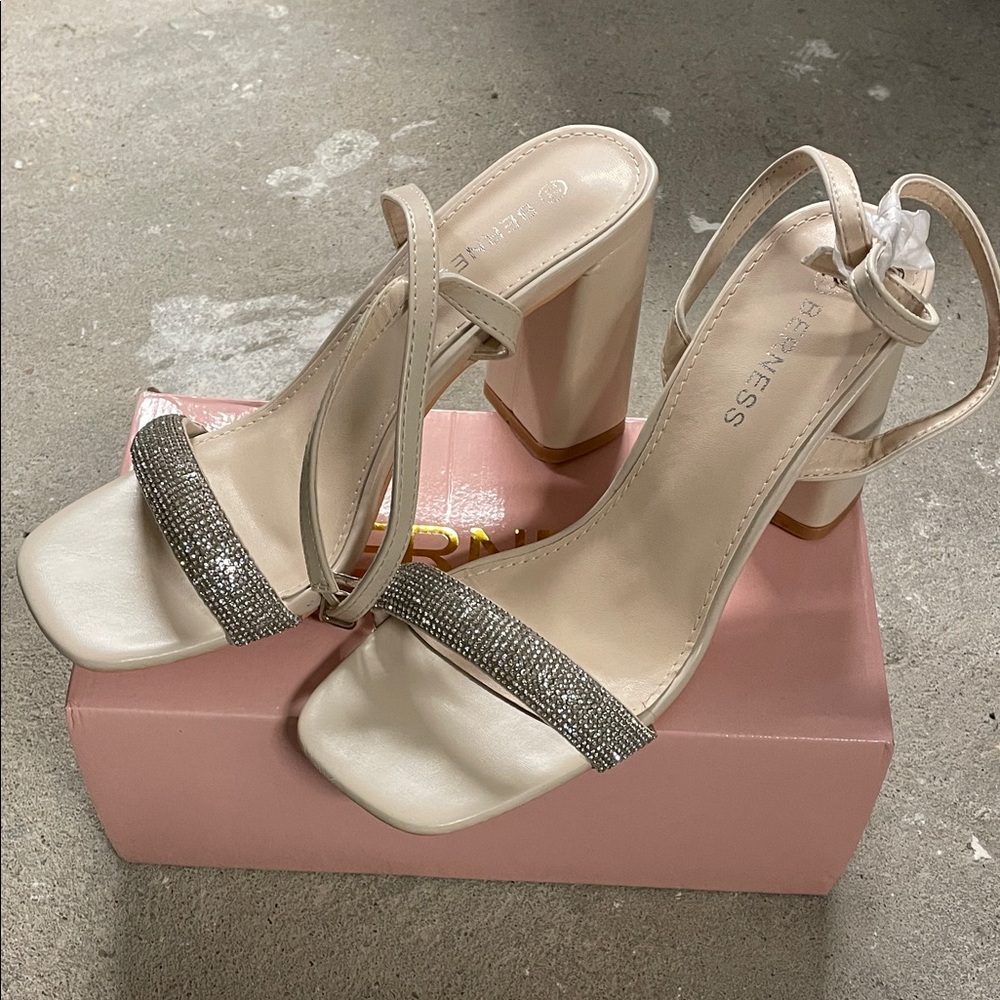 Beige and Silver Strappy Heels
